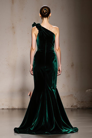 Dark Green One Shoulder Velvet Mermaid Evening Dress